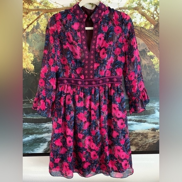 Anna Sui Slip Silk Floral Print 3/4 Sleeve Dress Women - Picture 1 of 10